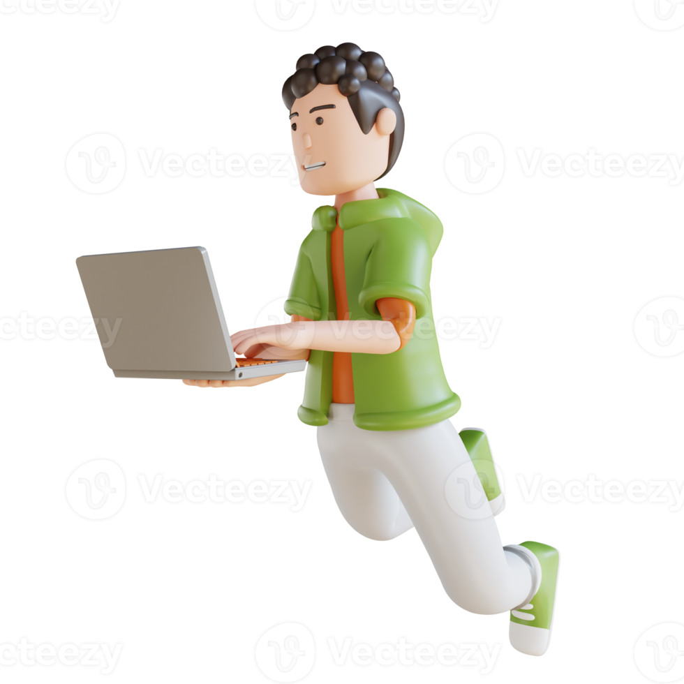 3D illustration business man flying holding laptop png