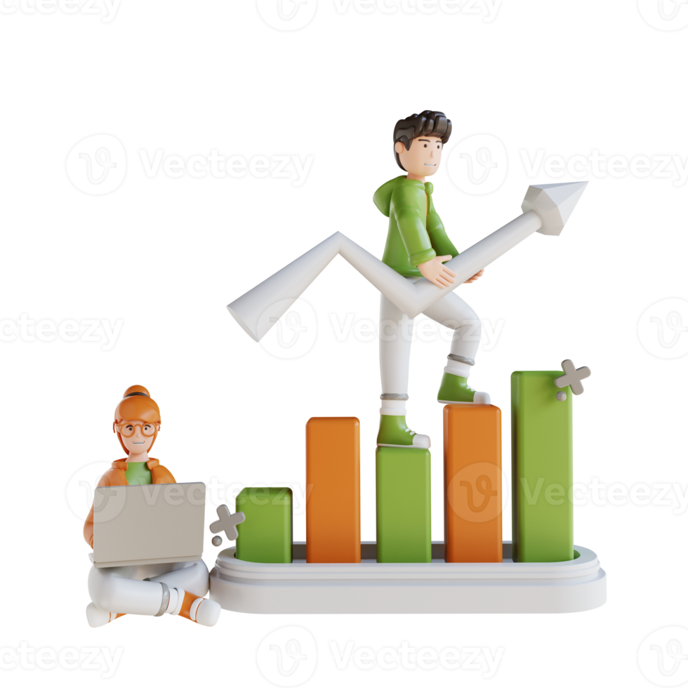 3D illustration business man and woman analysis chart png