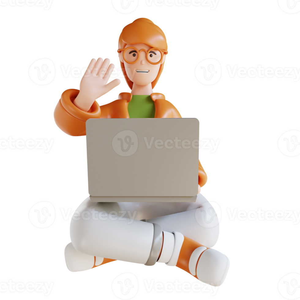 3D illustration business woman sitting holding laptop and raising hand png