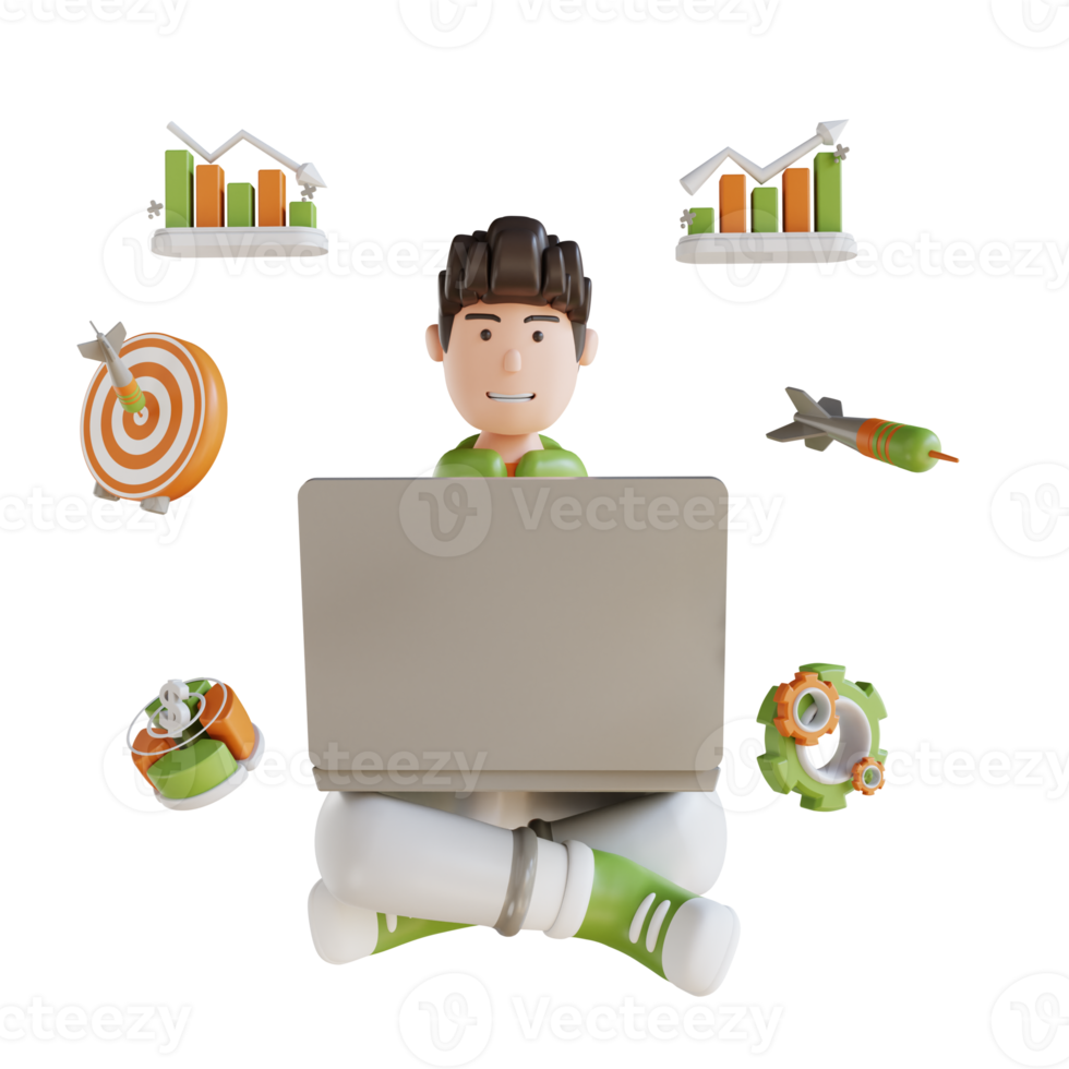 hombre de negocios de ilustración 3d sentado con apariencia de computadora portátil png