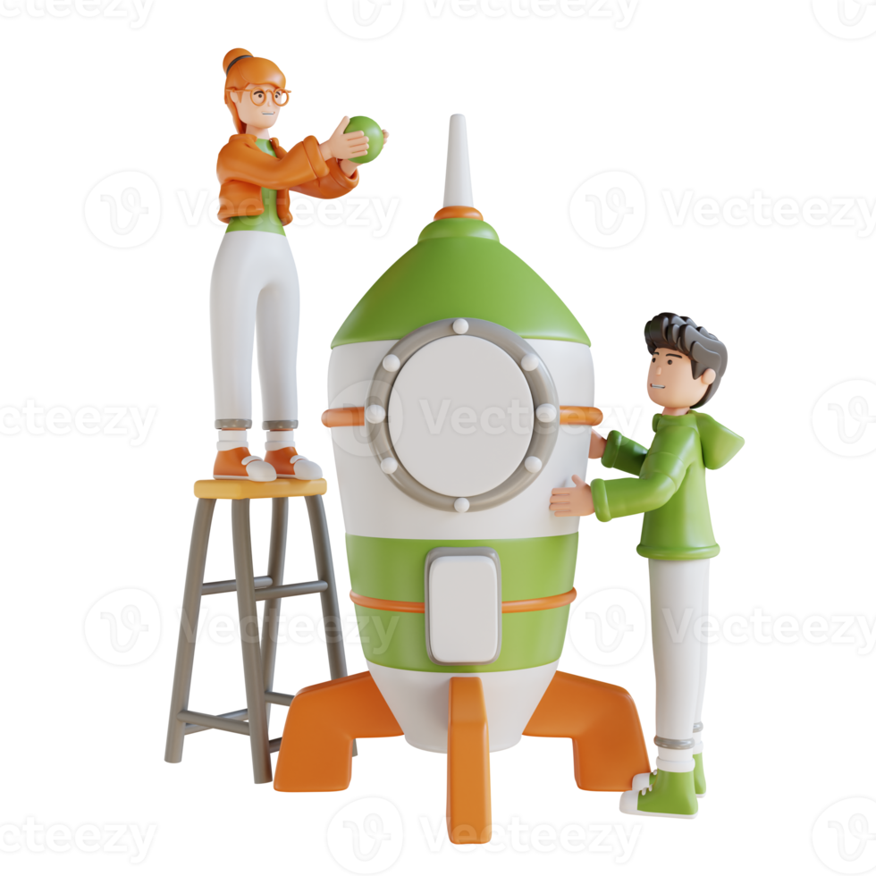 3D illustration business man and woman with rocket startup png