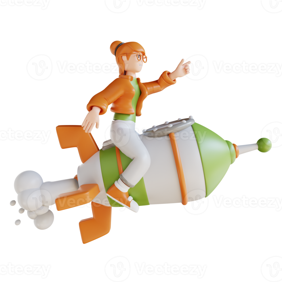 3D illustration business woman with rocket png