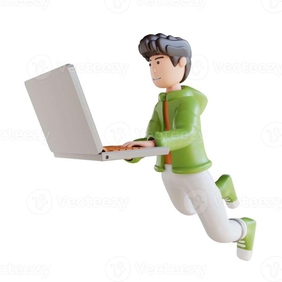 3D illustration business man flying holding laptop png