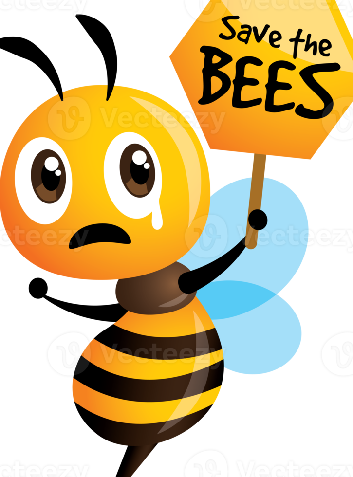 Save the Bees. Cartoon cute bee crying with honeycomb signboard. Mascot character png