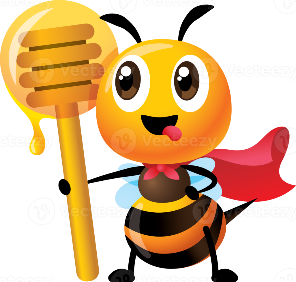 abeille mignonne en carton avec costume de cape de super-héros et tenant une louche de miel. l'abeille mignonne se sent savoureuse avec du miel. personnage de mascotte d'abeille png