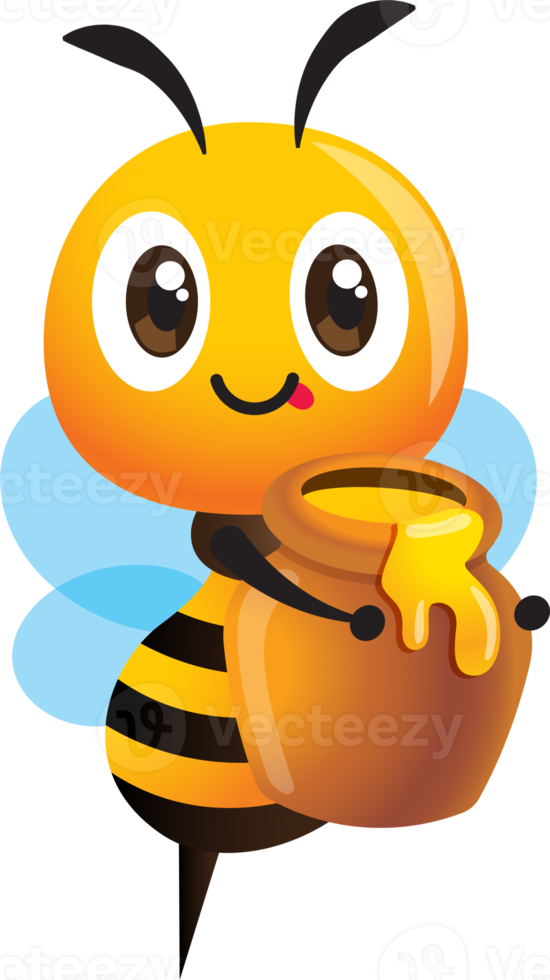 abeja linda de dibujos animados con tarro de miel con miel goteando png