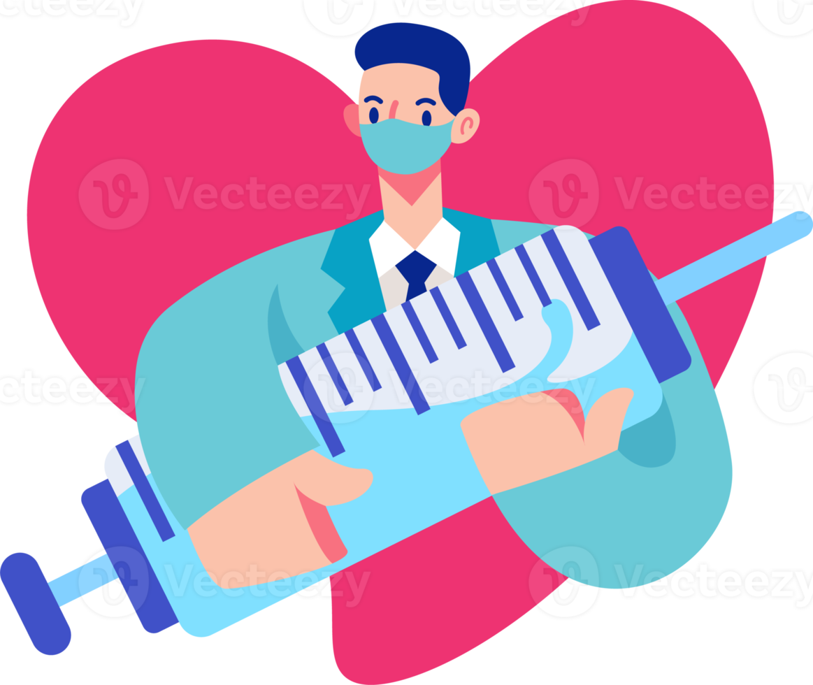 Flat design of doctor wearing face mask and holding giant vaccine syringe needle on heart shape background png