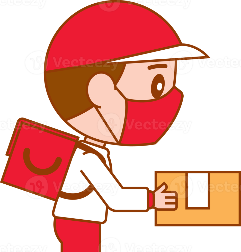 Cartoon cute man with red and white uniform wearing face mask deliver parcel png