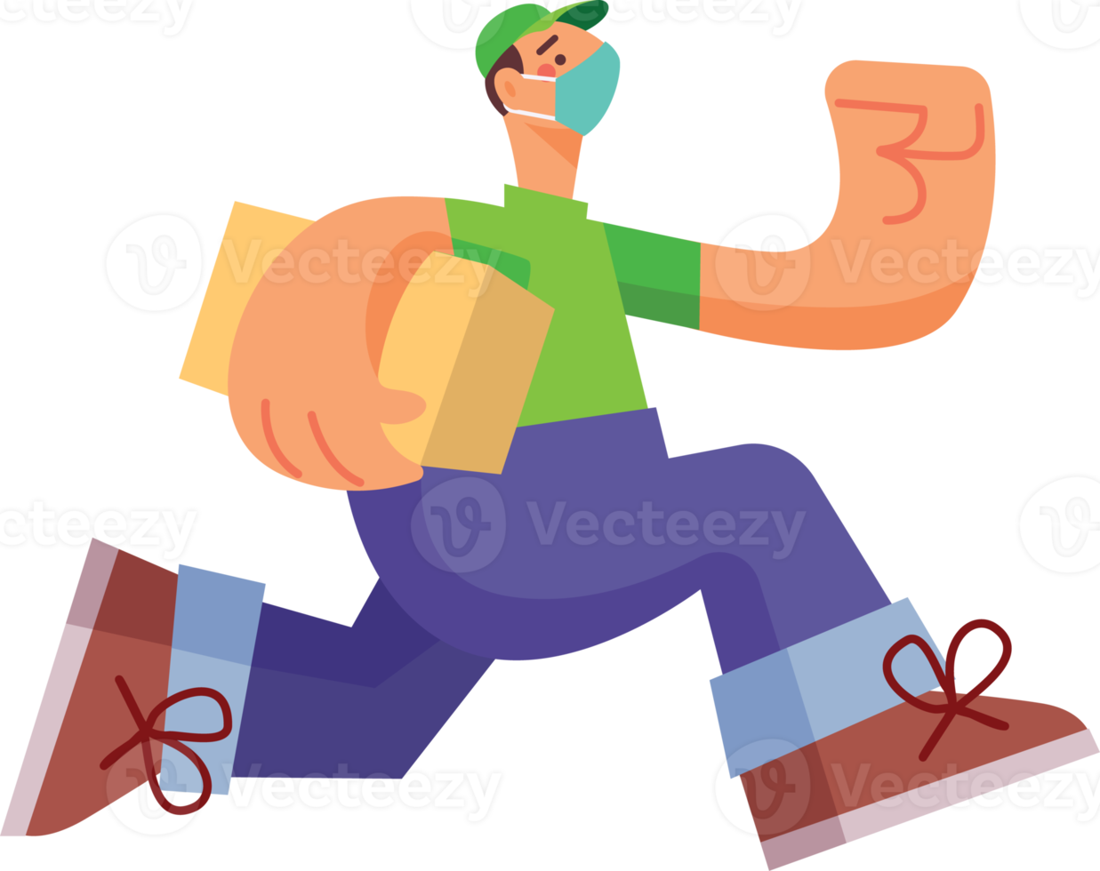 Flat design delivery man character sending parcel with fast speedy. Express delivery service png