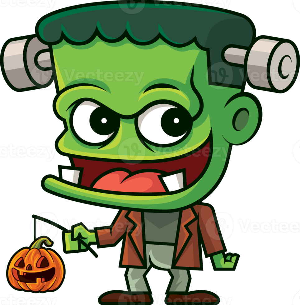 gelukkig halloween. tekenfilm schattig groen monster Holding oranje pompoen lantaarn png