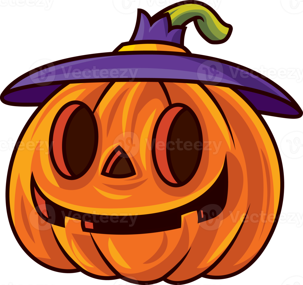 Happy halloween with cartoon cute funny pumpkin wearing witch hat png