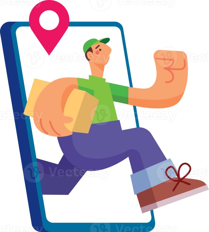 Flat design of delivery man carrying parcel and running out from smartphone png