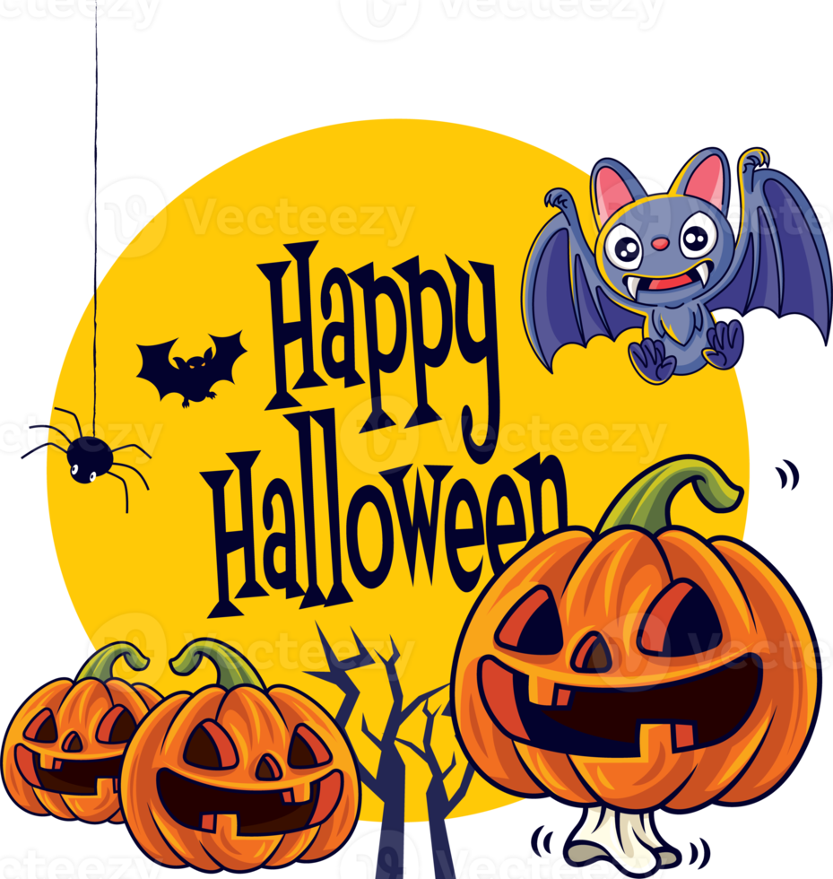 Happy Halloween. Cartoon cute Jack O Lantern orange pumpkin and bat characters with big greeting signage png