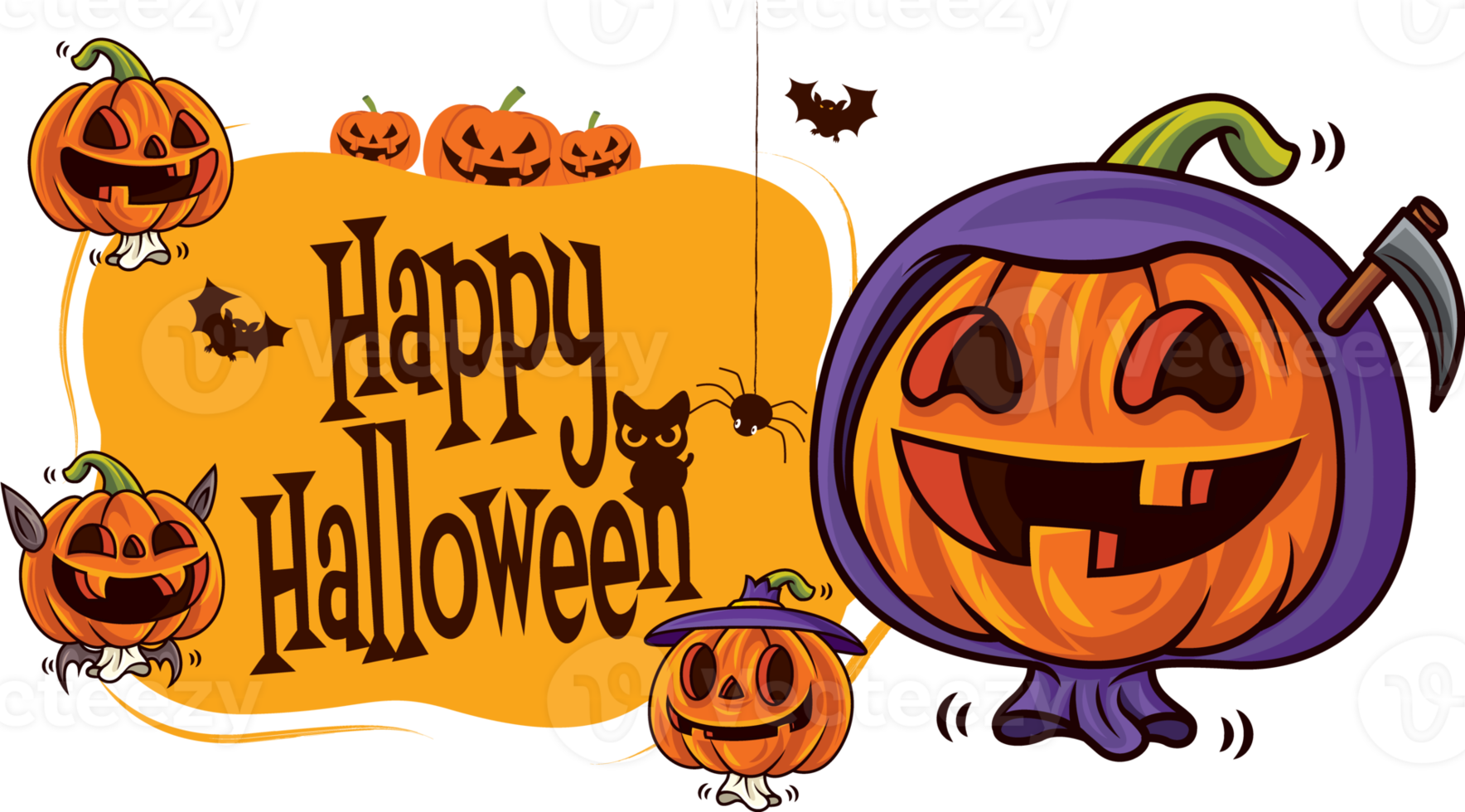 Happy Halloween greetings. Cartoon cute pumpkins with different funny faces on halloween signage png