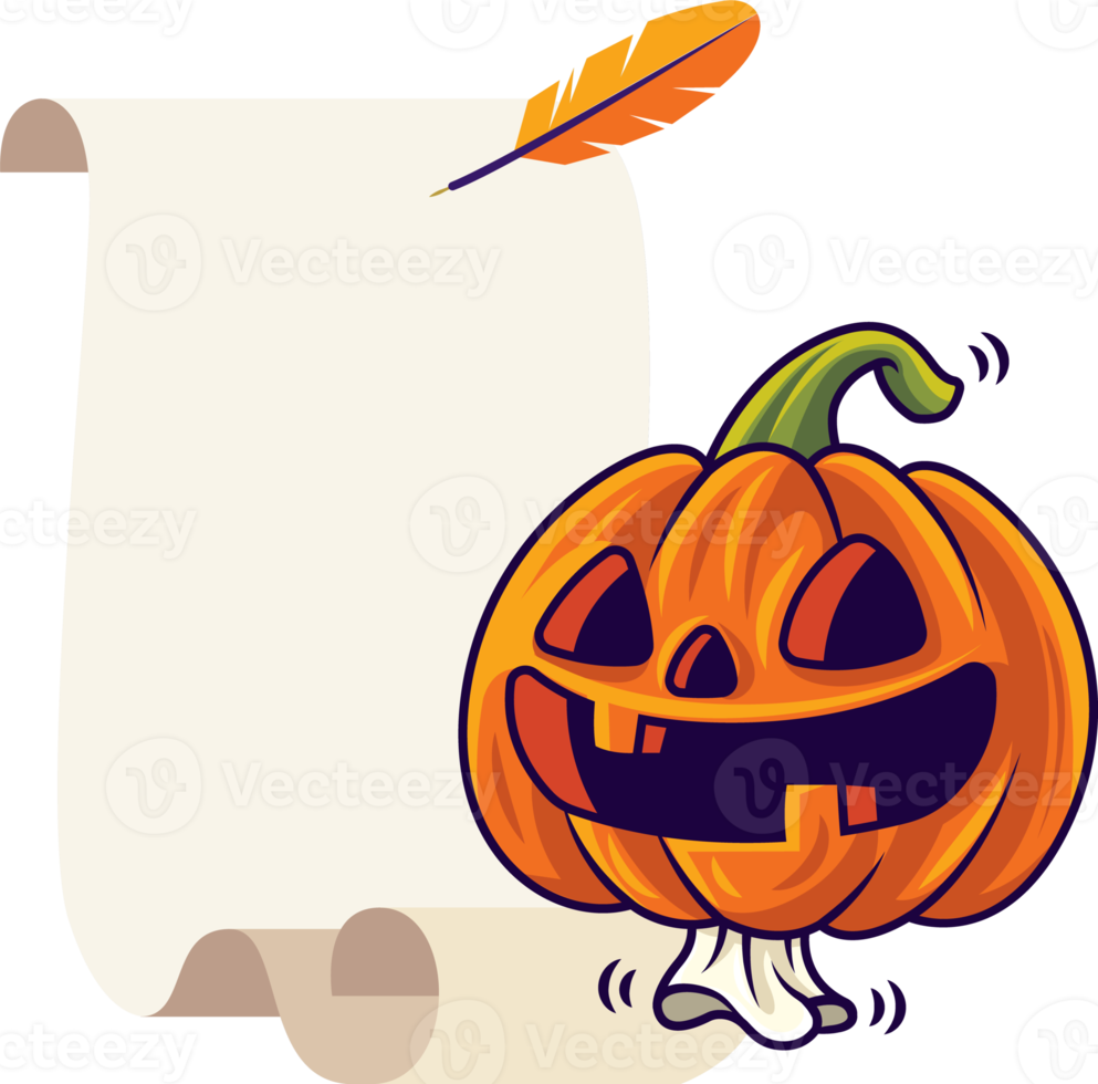 Happy Halloween. Cartoon cute pumpkin with funny face on empty vintage scroll png