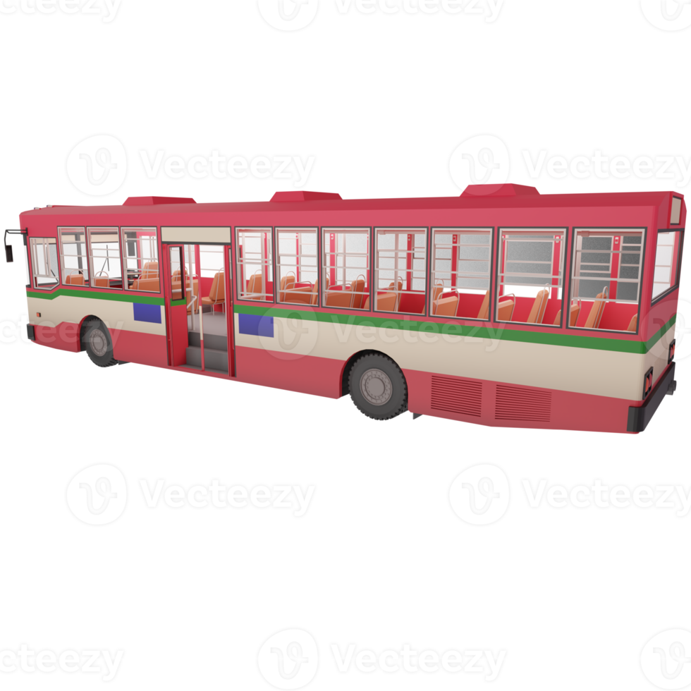 3D render thailand city bus red green white color. right side and focus on rear to front composition view. png illustration