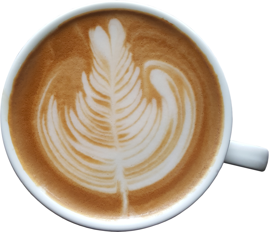 Top view of a mug of latte art coffee on timber background. png