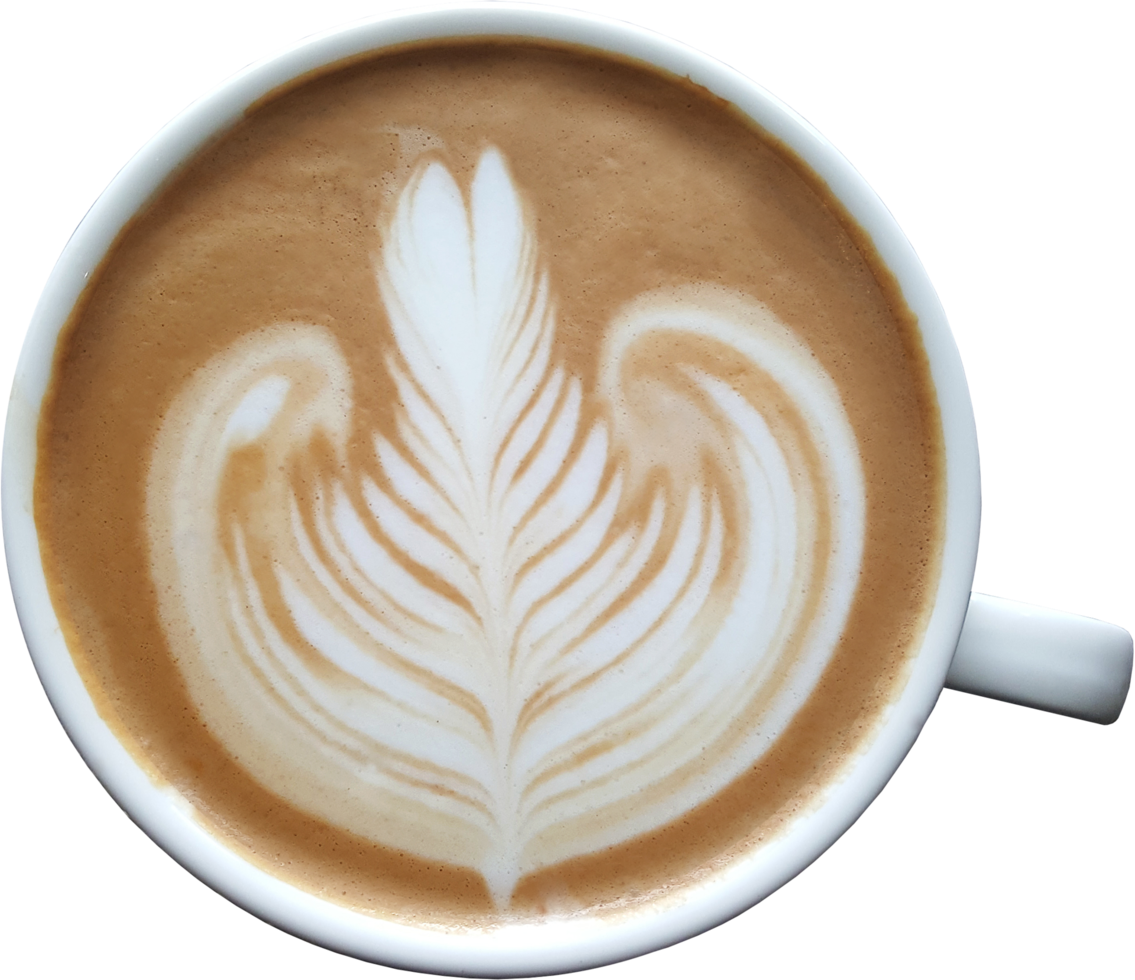 Top view of a mug of latte art coffee on timber background. png