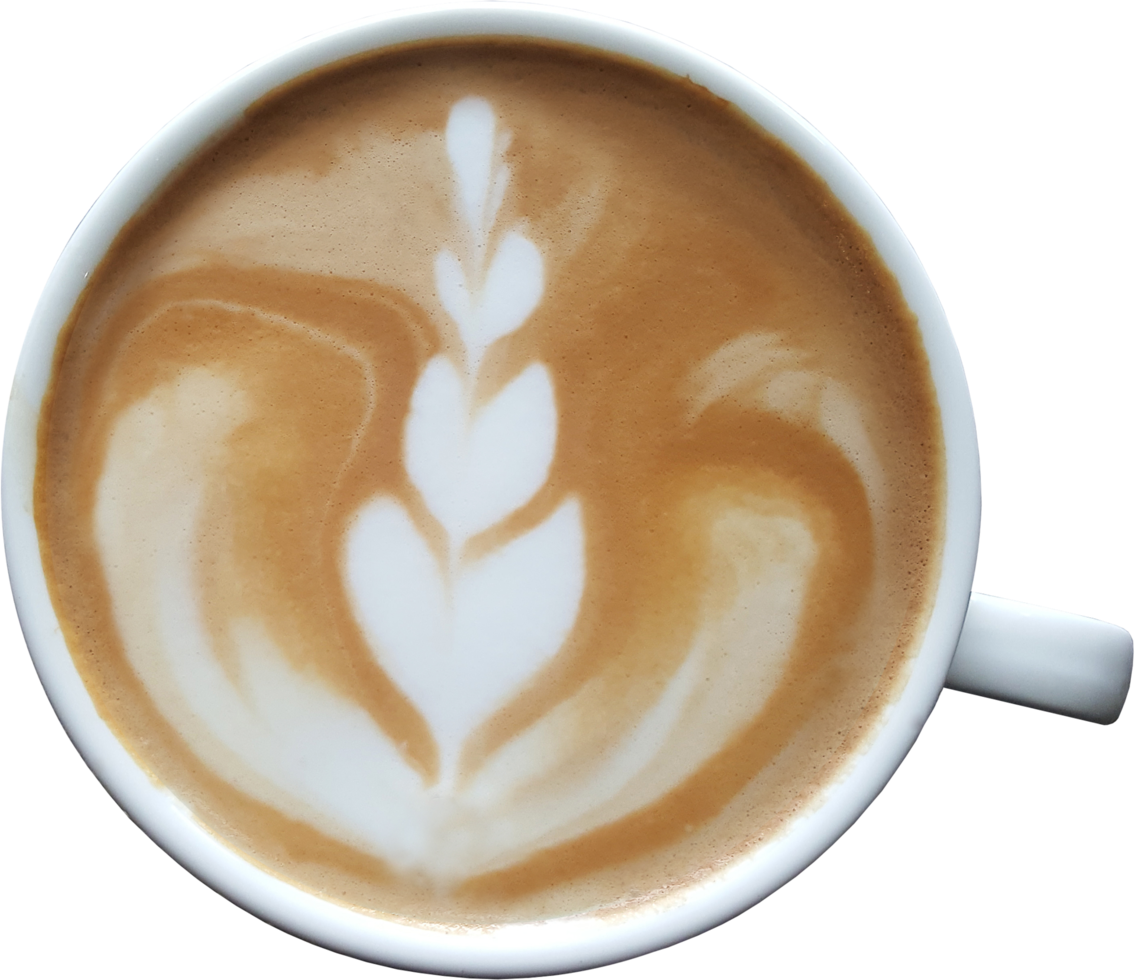 Top view of a mug of latte art coffee on timber background. png