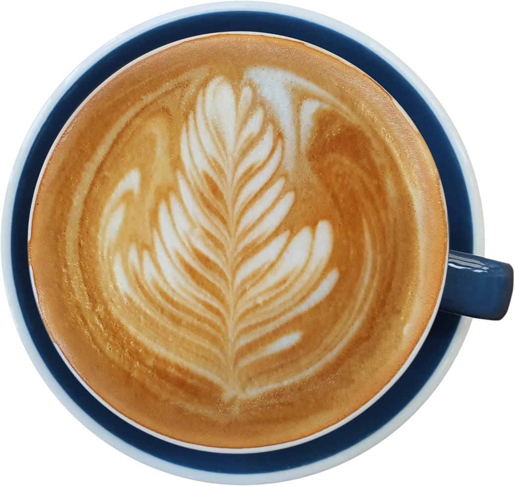 Top view of a mug of latte art coffee on timber background. png