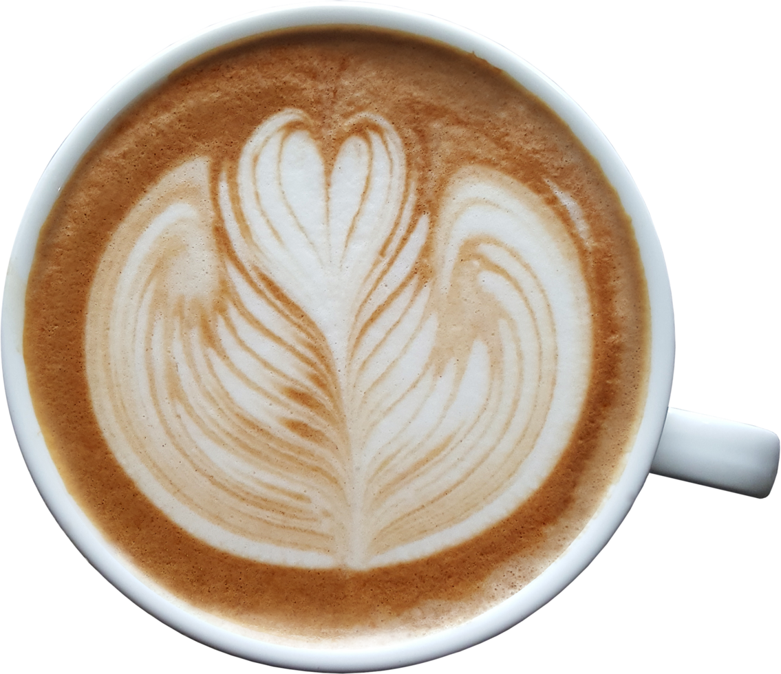 Blick von oben auf eine Tasse Latte Art Kaffee auf Holz Hintergrund. png