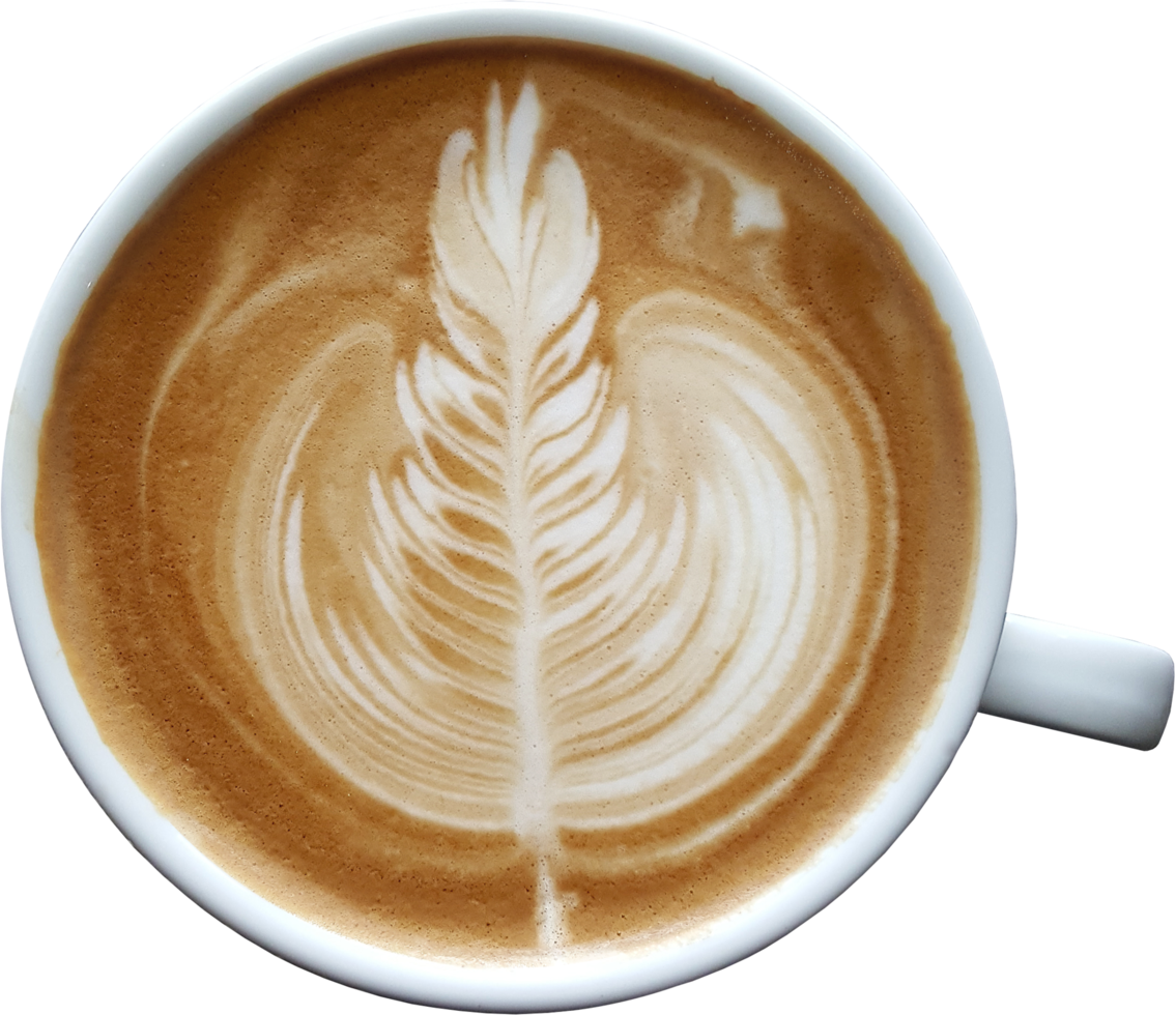 Blick von oben auf eine Tasse Latte Art Kaffee auf Holz Hintergrund. png