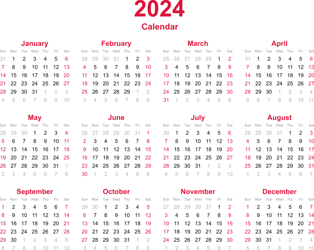 Année civile de 12 mois 2024 sur fond de transparence png