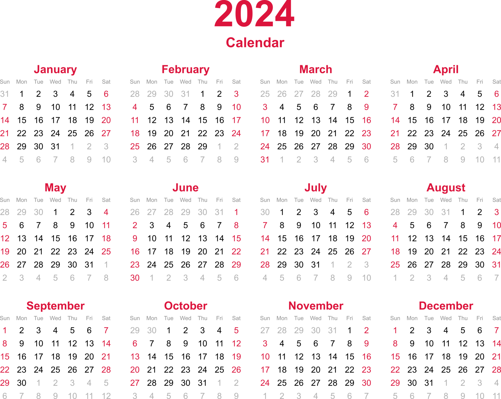 Free 12 month calendar year 2024 on transparency background 13473642