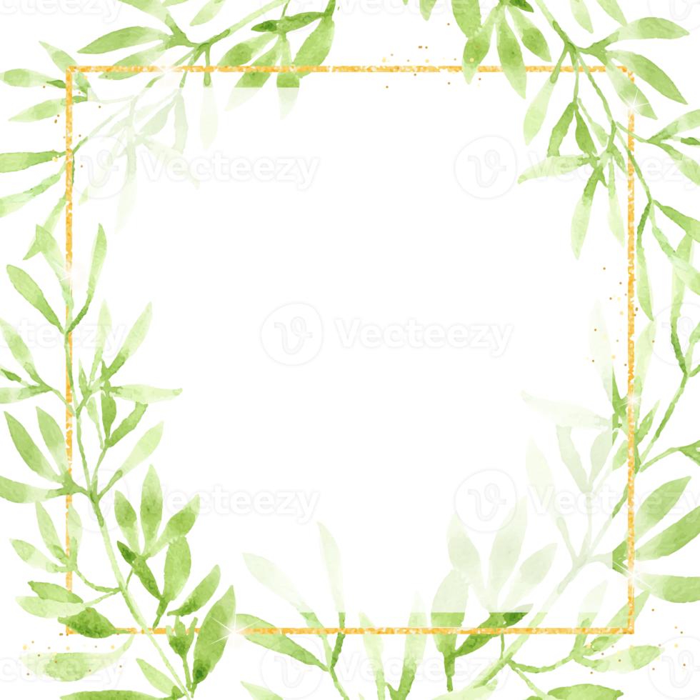 watercolor green leaves with golden glitter square frame background for banner png
