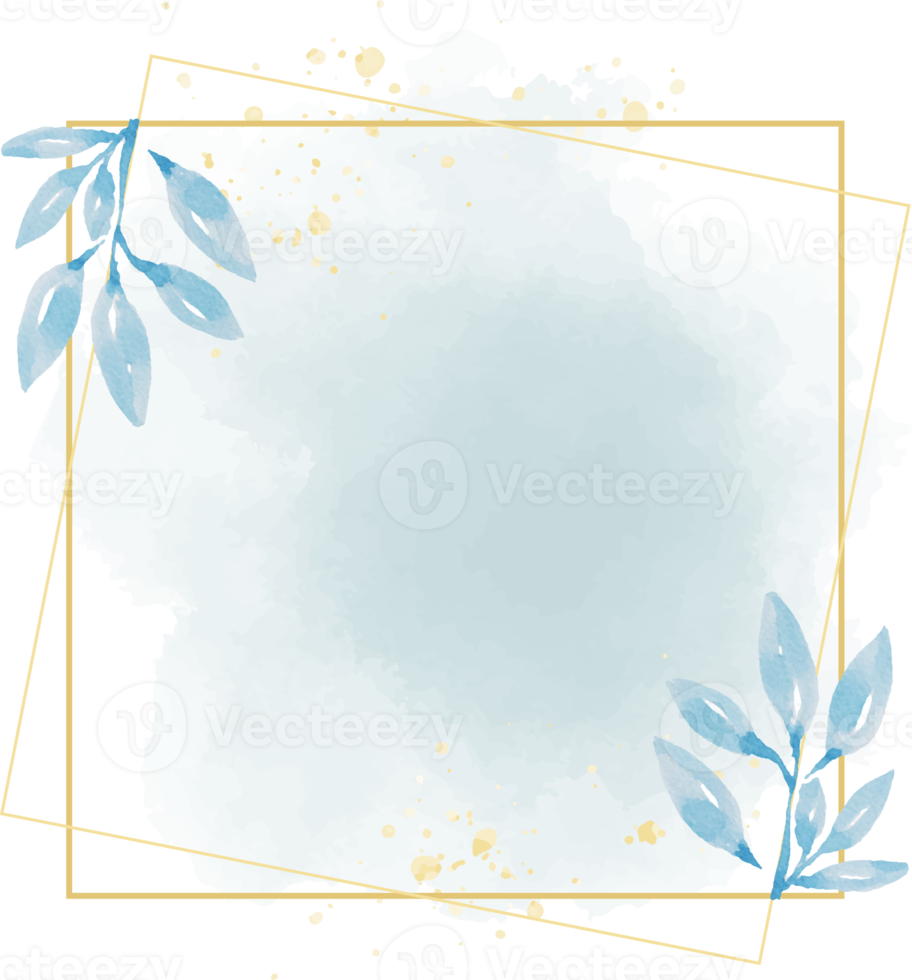 hand drawn blue leaf frame on watercolor blue splash background png