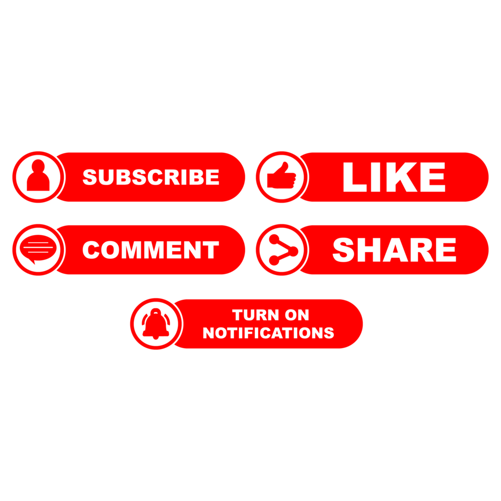 Subscribe button collection PNG with the like, share, and comment section. Stylish metallic color button bundle for social media post. Metallic red color design image.