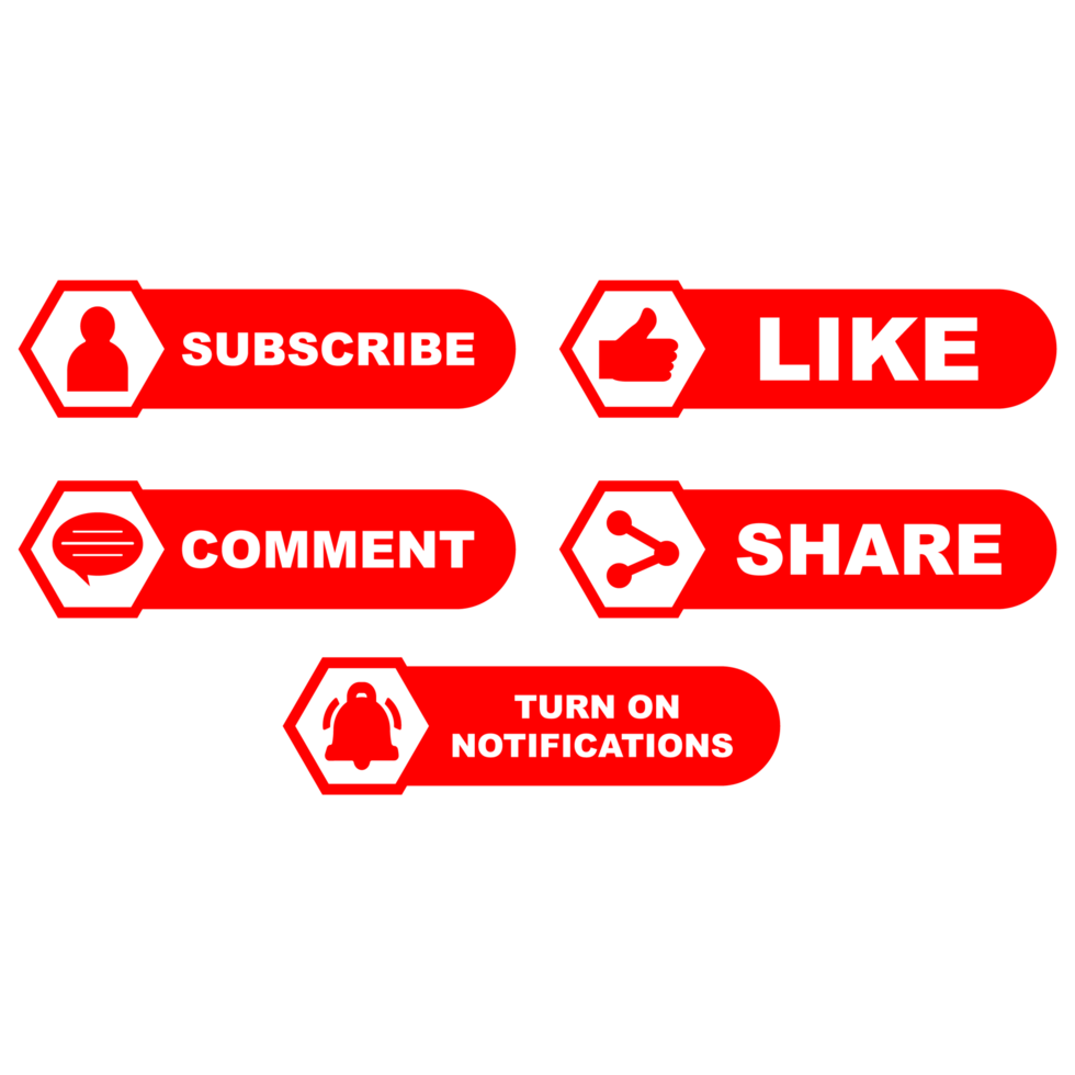 Subscribe button collection PNG image. Red color subscriber button collection. Social media button elements with like, share, bell icon, and comment sections on a transparent background.