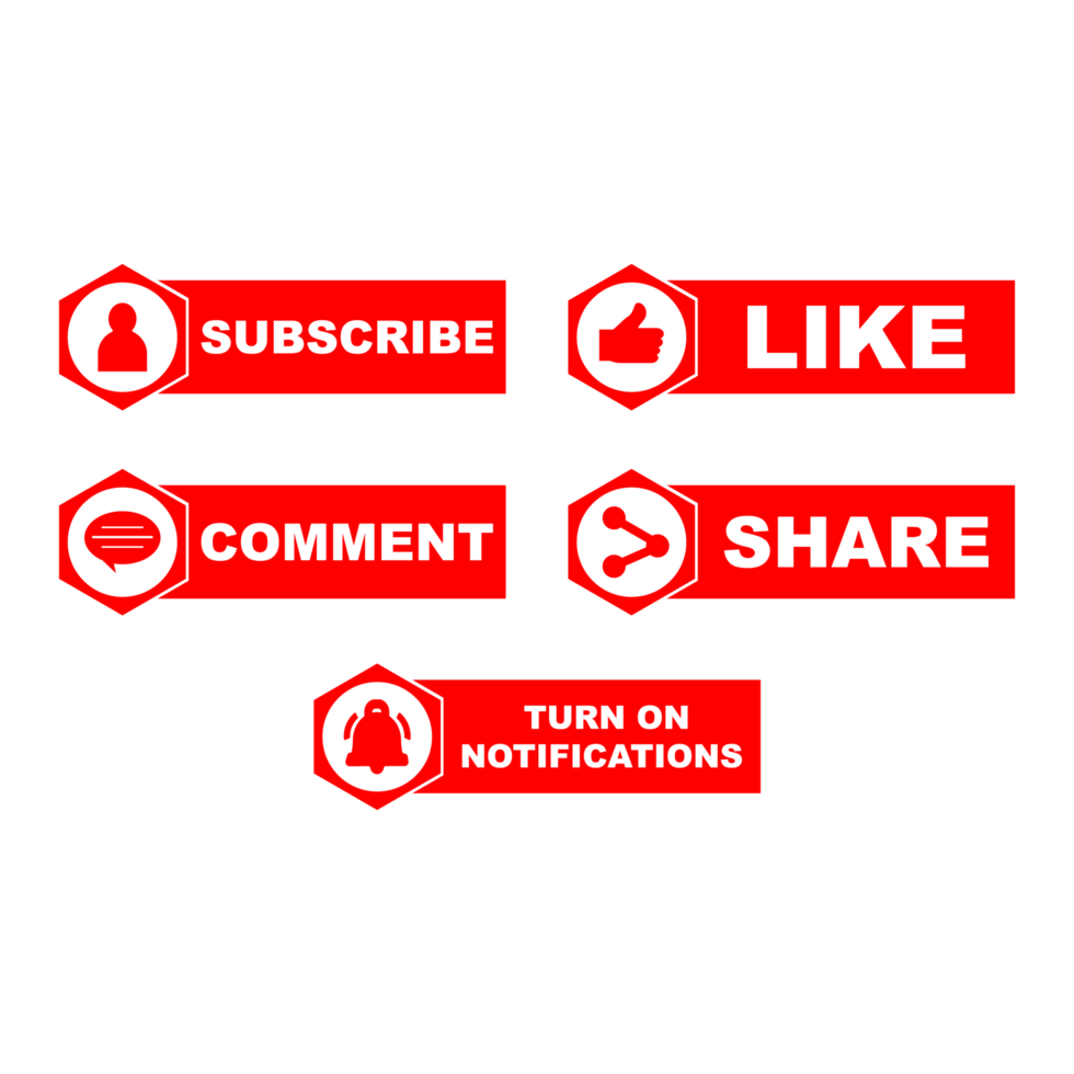 Subscribe button PNG image design. Red color button collection with like, comment, and share icons. Red color technological social media button collection on transparent background.