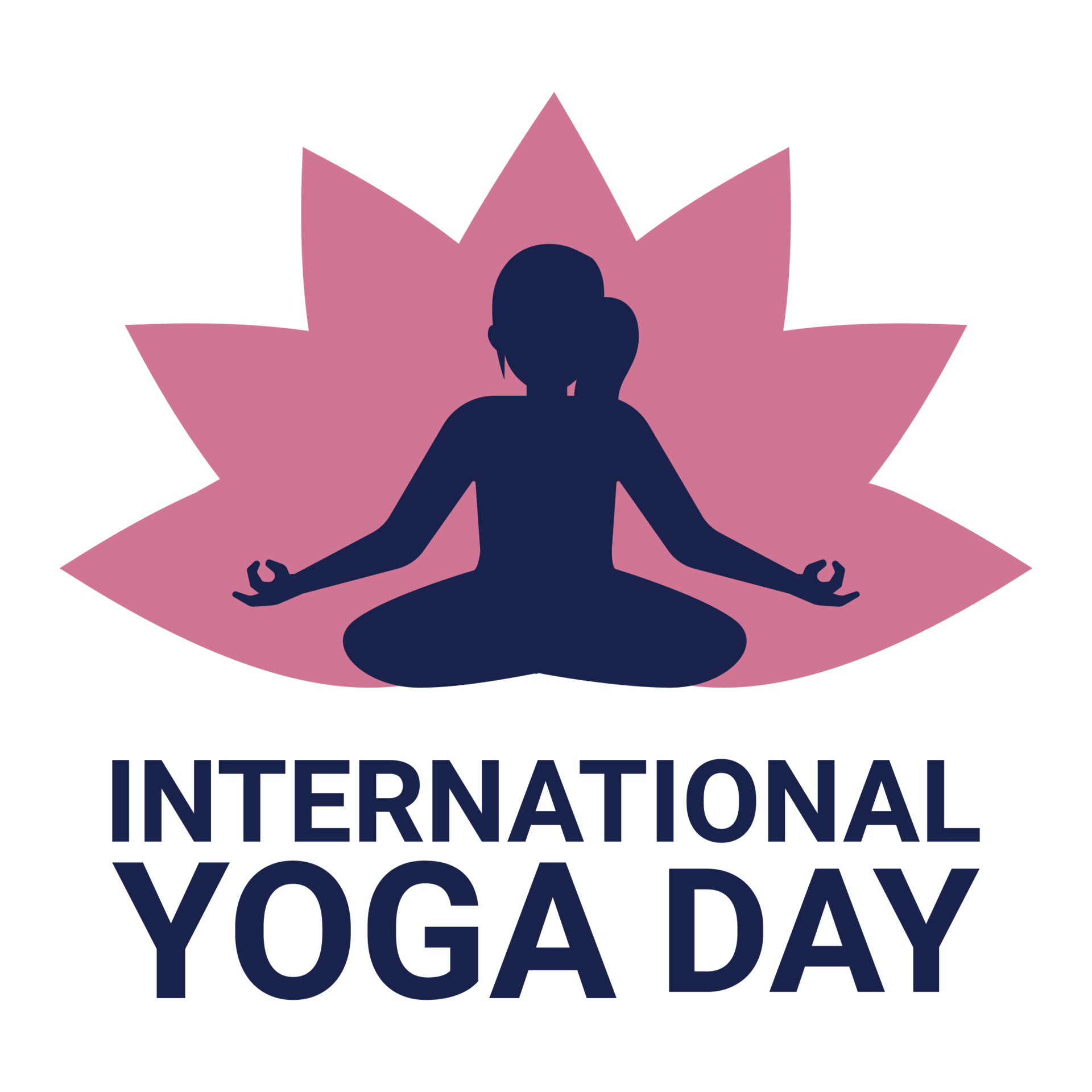 International yoga day special logo PNG image with a woman doing yoga. Yoga  day calligraphy and lotus flower silhouette on a transparent background.  13473735 PNG