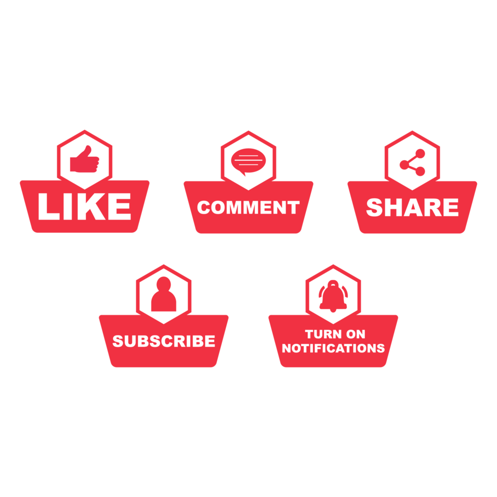 Subscribe button PNG bundle with the like, share, and comment section. Metallic red color design on a transparent background. Red color button collection for social media posts.