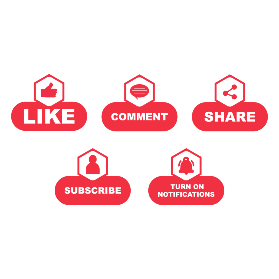 Subscribe button PNG bundle with the like, share, and comment section. Red color button collection for social media posts. Metallic red color design on a transparent background.