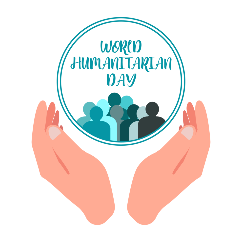 World humanitarian day logo design. Humanitarian day special design with hand shape. Men inside a circle. Creative design for world humanitarian day on transparent background. png