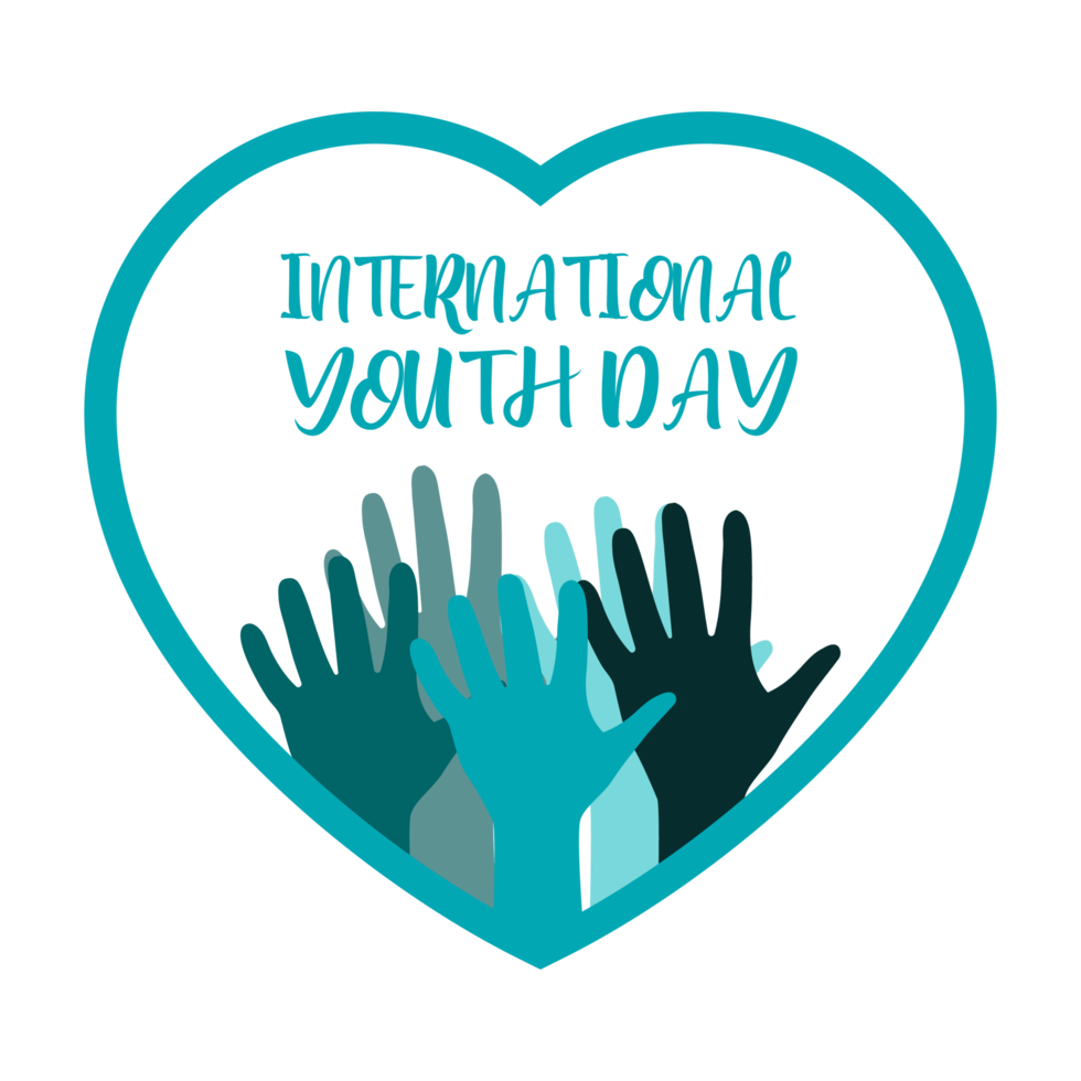 International Youth day logo PNG. Youth day special design inside love shape. Human hands inside blue love shape on a transparent background. International youth day text effect. png