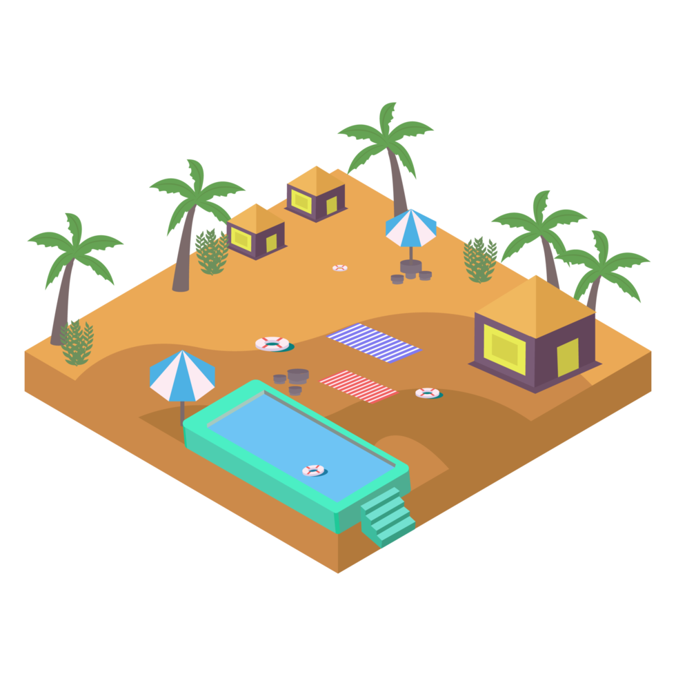 Swimming pool PNG design with the resort landscape. swimming pool image with isometric shape on transparent background. Swimming pool and resort landscape with coconut trees in summertime.