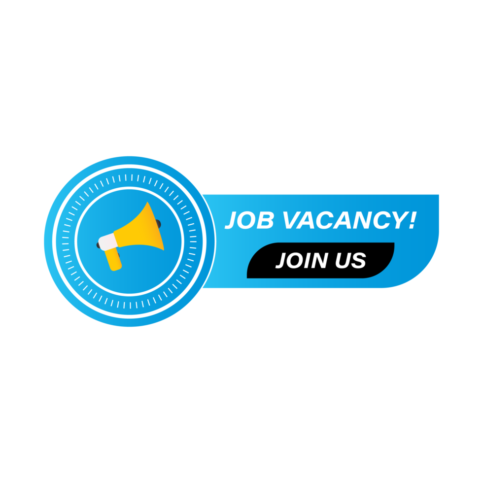 Job vacancy PNG image with blue color shade. Hiring concept with mike speaker. Join our text inside the black shape. Job vacancy hiring concept font design.