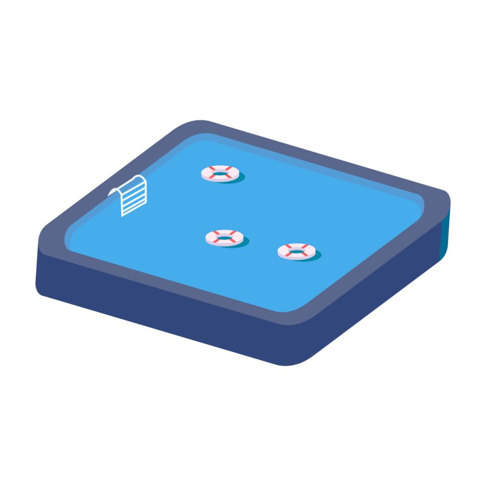 Isometric swimming pool PNG image with the lifebuoy. Swimming pool design with the isometric landscape shapes. Pool with lifebuoys and blue water in the summertime.