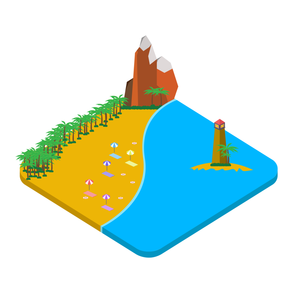 Isometric sandy beach landscape design. Sandy beach PNG image with lifebuoy and mountain. Seashore 3D art with a lifebuoy and sunbathe on transparent background.