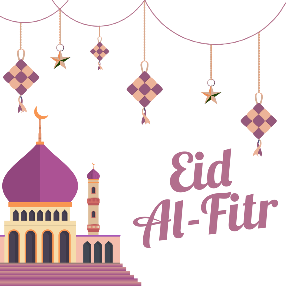 Eid Mubarak celebration design with mosque and kite on transparent background. Muslim festival happy Eid Mubarak celebration PNG image. Moon and Muslim mosque collection for Eid celebration.