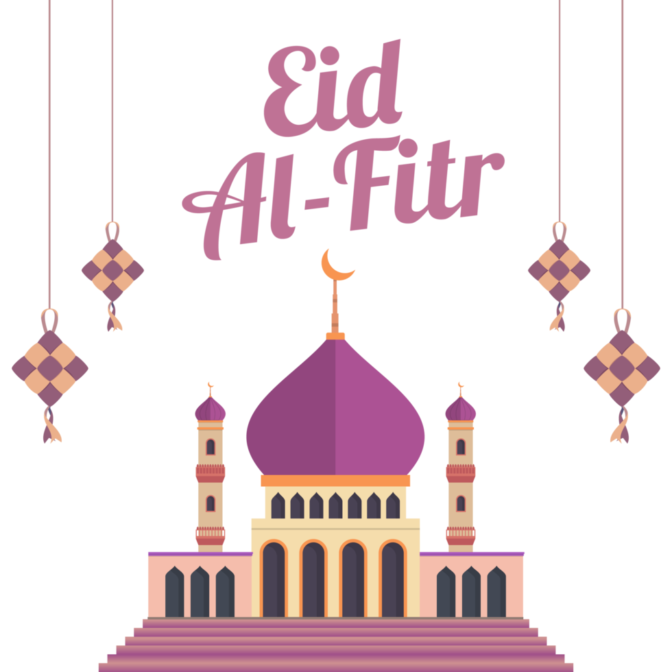 eid mubarak firande png design med moské och drake. muslim festival Lycklig eid mubarak firande på transparent bakgrund. måne och muslim moské för eid firande.