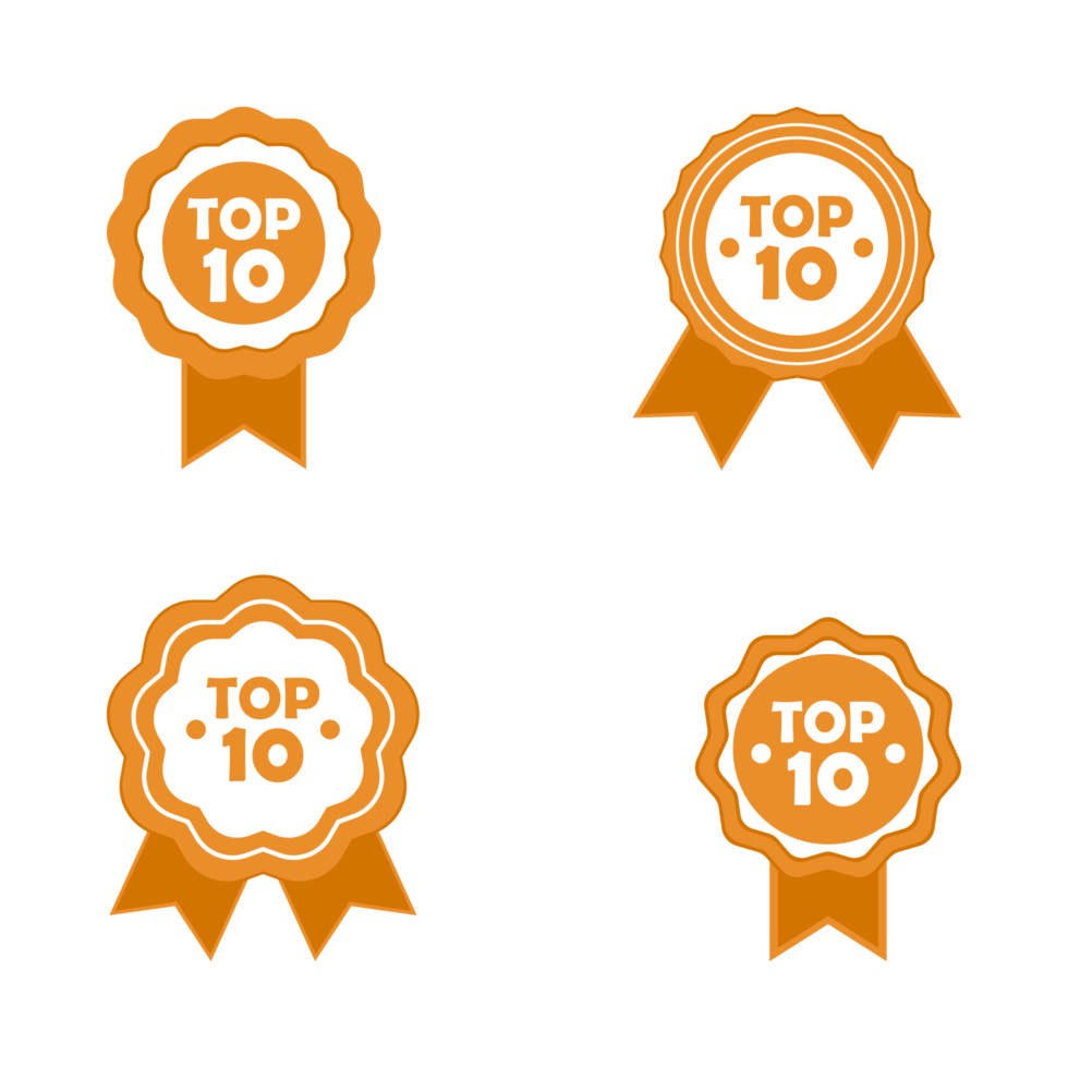 Badge collection with orange and white color shade on transparent background. Royal top 10 badge collection on a transparent background. Top 10 badge with ribbon. png