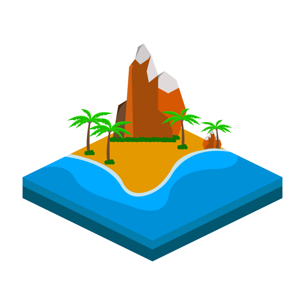 Sandy beach isometric landscape design. Sandy beach PNG image with lifebuoy and mountain. Seashore 3D art with a lifebuoy and sunbathe on a transparent background.