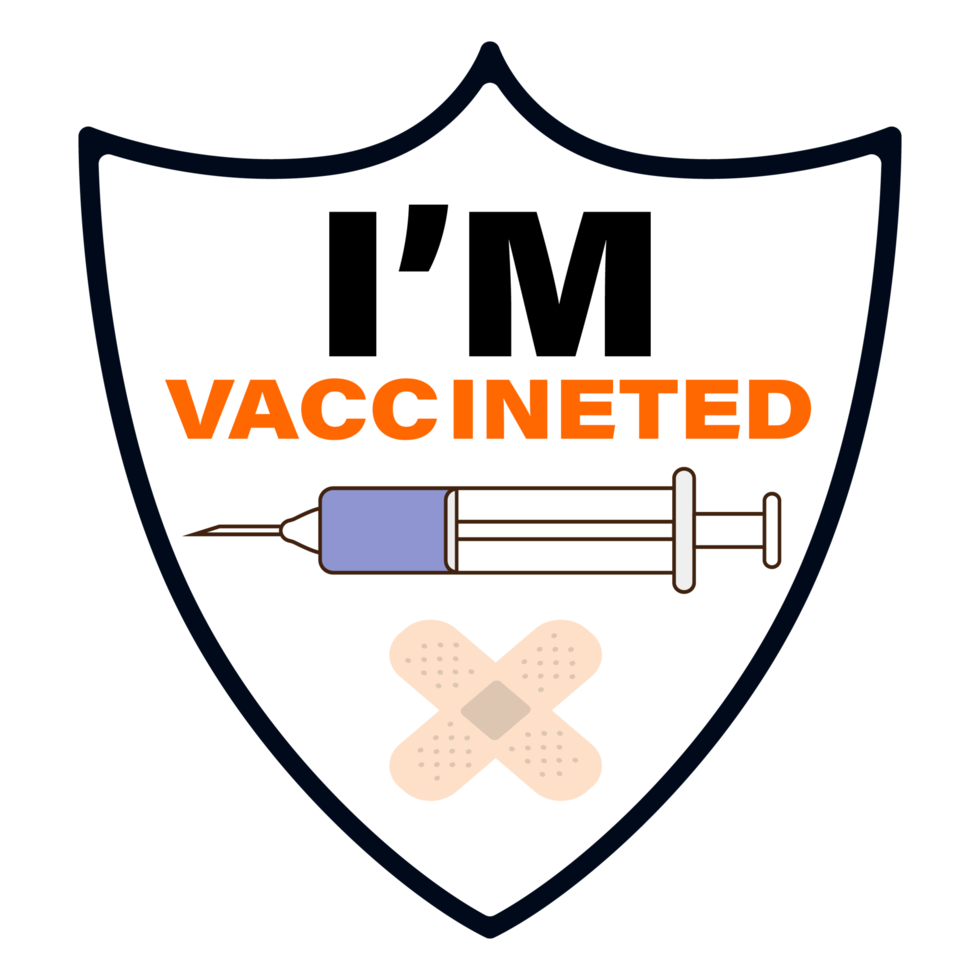 I am vaccinated with text effect PNG design. Vaccination campaign element on a transparent background. Syringe and bandage image on a shield shape.