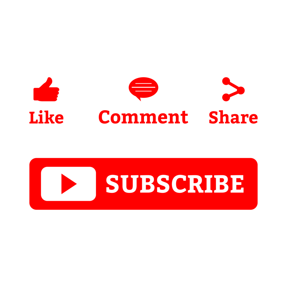 Red subscribe button and social media icons on a transparent background. Social media button PNG image. Subscribe button design.