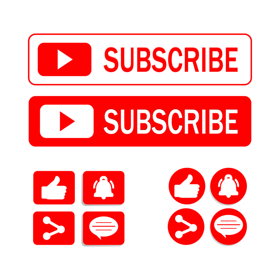 Subscribe button collection PNG design. Subscribe button collection with red color. Social media button elements with like, share, and comment sections on transparent background.