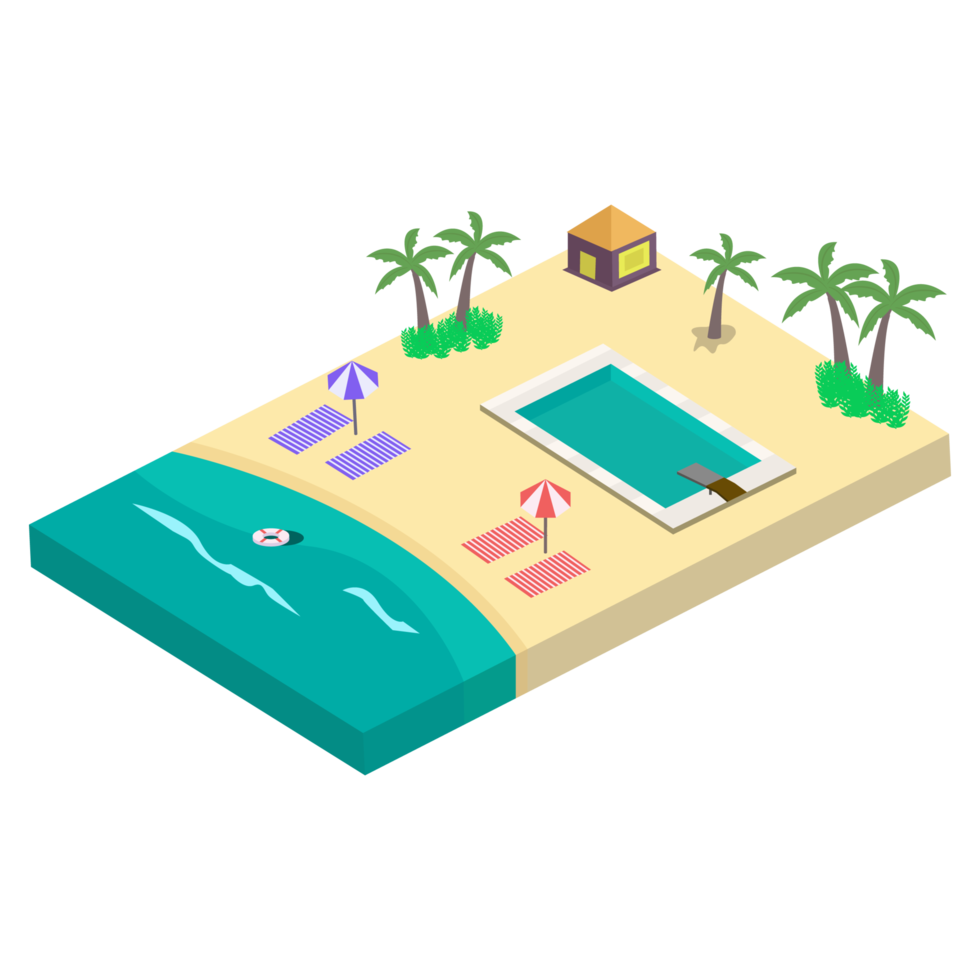 Stylish Sandy beach landscape design. Sandy beach image with swimming pool and coconut tree. Seashore isometric art with lifebuoy and sunbathe on a transparent background. png
